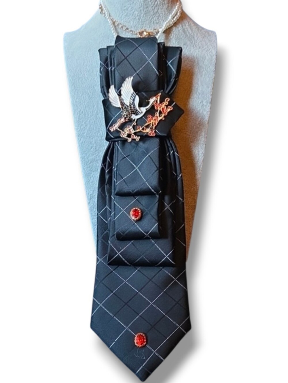 3/$60 Black Plaid Cravat with Red White Crane Accents
